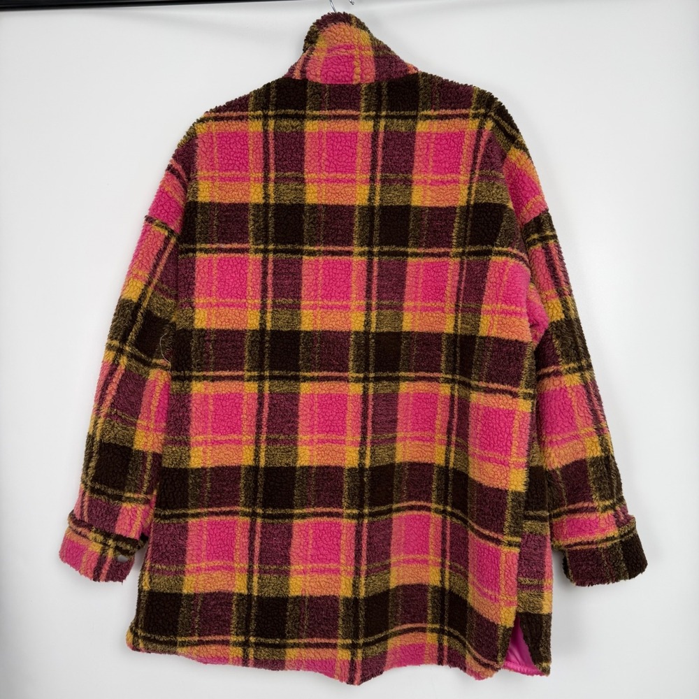 Fate Women's Pink Multi Plaid Sherpa Oversized Fleece Cozy Core Jacket  Large - Picture 3 of 8